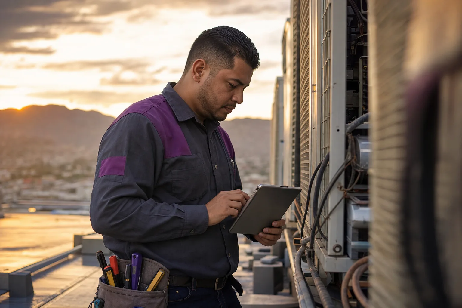 Técnico de campo consultando una ficha en su tableta frente a una unidad de aire acondicionado en azotea